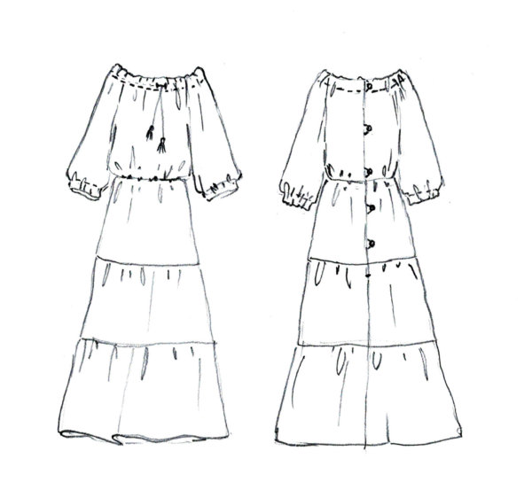 Pattern for doll dress with a three-tiered skirt